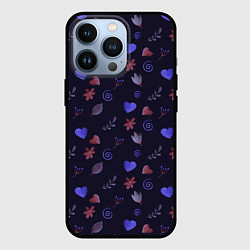 Чехол для iPhone 13 Pro Паттерн с сердечками и цветами, цвет: 3D-черный