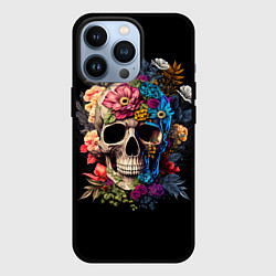 Чехол для iPhone 13 Pro Череп c растениями и цветами, цвет: 3D-черный