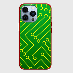 Чехол для iPhone 13 Pro Технический зелёный паттерн с жёлтыми лучами, цвет: 3D-красный
