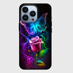 Чехол для iPhone 13 Pro Неоновая бабочка с цветком, цвет: 3D-черный