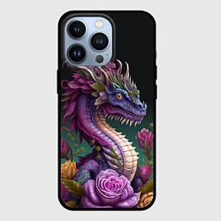 Чехол для iPhone 13 Pro Неоновый дракон с цветами, цвет: 3D-черный