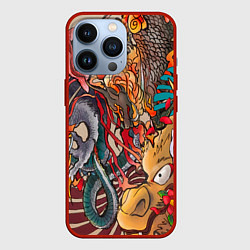 Чехол для iPhone 13 Pro Иредзуми: демон и дракон, цвет: 3D-красный