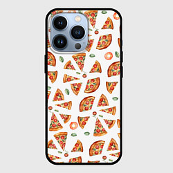 Чехол для iPhone 13 Pro Кусочки пиццы - паттерн на белом, цвет: 3D-черный