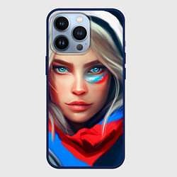 Чехол для iPhone 13 Pro Девушка с голубыми глазами в флаге, цвет: 3D-тёмно-синий