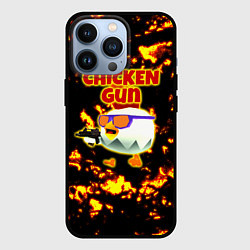 Чехол для iPhone 13 Pro Chicken Gun на фоне огня, цвет: 3D-черный