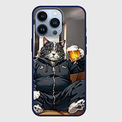 Чехол для iPhone 13 Pro Толстый кот со стаканом пива, цвет: 3D-тёмно-синий