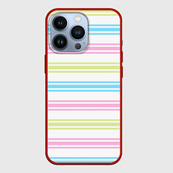 Чехол для iPhone 13 Pro Розовые и бирюзовые полосы на белом, цвет: 3D-красный