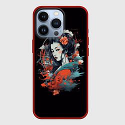Чехол для iPhone 13 Pro Обворожительная гейша в цветах, цвет: 3D-красный
