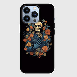 Чехол для iPhone 13 Pro Винтажный скелет в цветах, цвет: 3D-черный