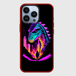 Чехол для iPhone 13 Pro Динозавр в мегаполисе - неоновое свечение, цвет: 3D-красный