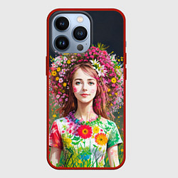 Чехол для iPhone 13 Pro Девушка весной в цветах, цвет: 3D-красный