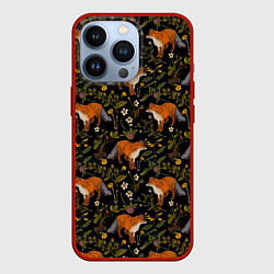 Чехол для iPhone 13 Pro Лисы и цветы, цвет: 3D-красный