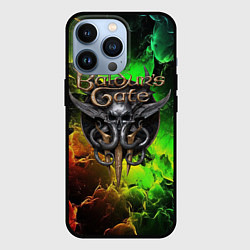 Чехол iPhone 13 Pro Baldurs Gate 3 logo dark red green fire