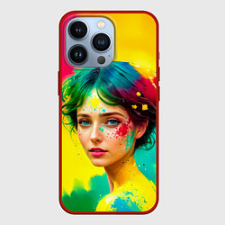 Чехол для iPhone 13 Pro Девушка с зелёными глазами в брызгах краски, цвет: 3D-красный