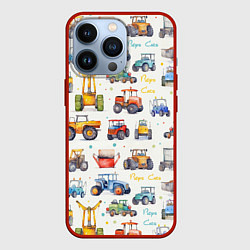 Чехол для iPhone 13 Pro Акварельные тракторы - детский паттерн, цвет: 3D-красный