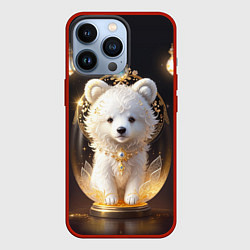Чехол для iPhone 13 Pro Белый медвежонок с фонариками, цвет: 3D-красный