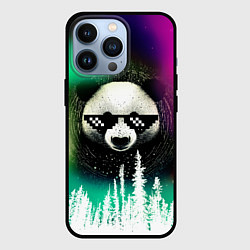 Чехол для iPhone 13 Pro Панда в очках на фоне северного сияния и леса, цвет: 3D-черный