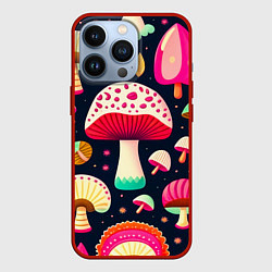 Чехол для iPhone 13 Pro Грибы рисованные узор, цвет: 3D-красный