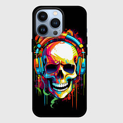 Чехол для iPhone 13 Pro Яркий череп в наушниках нарисованный красками, цвет: 3D-черный