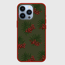 Чехол для iPhone 13 Pro Рябина на зеленом - паттерн, цвет: 3D-красный
