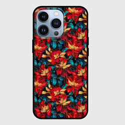 Чехол для iPhone 13 Pro Красные цветы с синими листьями узор, цвет: 3D-черный