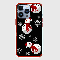 Чехол для iPhone 13 Pro Снеговички в зимних шапочках со снежинками, цвет: 3D-красный