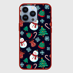 Чехол для iPhone 13 Pro Снеговички с рождественскими оленями и елками, цвет: 3D-красный