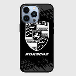Чехол для iPhone 13 Pro Porsche speed на темном фоне со следами шин, цвет: 3D-черный