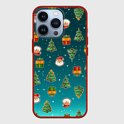Чехол для iPhone 13 Pro Подарки новогодние елки и Санта - паттерн градиент, цвет: 3D-красный