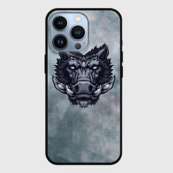 Чехол для iPhone 13 Pro Стальной дикий кабан на сером фоне, цвет: 3D-черный