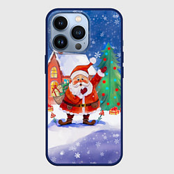 Чехол для iPhone 13 Pro Дед Мороз с мешком и елкой, цвет: 3D-тёмно-синий