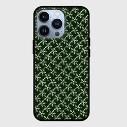 Чехол для iPhone 13 Pro Паттерн снежинки тёмно-зелёный, цвет: 3D-черный
