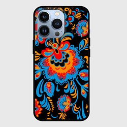 Чехол для iPhone 13 Pro Хохломская роспись разноцветные цветы на чёроном ф, цвет: 3D-черный