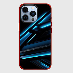 Чехол для iPhone 13 Pro Черная абстракция с синим неоновым ярким свечением, цвет: 3D-красный