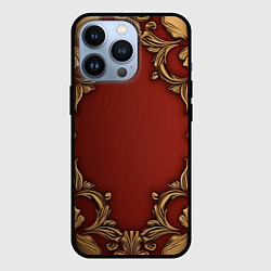 Чехол для iPhone 13 Pro Золотые объемные узоры на красном фоне лепнина, цвет: 3D-черный