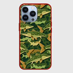 Чехол для iPhone 13 Pro Камуфляж рыболова - рыба щука, цвет: 3D-красный