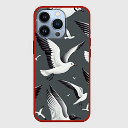 Чехол для iPhone 13 Pro Белый силуэт Чайки на сером - морской паттерн, цвет: 3D-красный