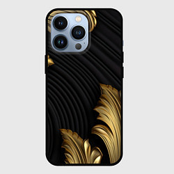 Чехол для iPhone 13 Pro Золотые объемные листья на черном фоне лепнина, цвет: 3D-черный