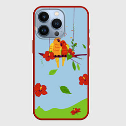 Чехол для iPhone 13 Pro Пара влюбленных попугаев на ветке с гибискусами, цвет: 3D-красный