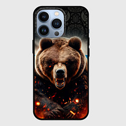 Чехол для iPhone 13 Pro Русский медведь на фоне флага и огня, цвет: 3D-черный