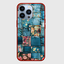 Чехол для iPhone 13 Pro Джинсовые лоскуты с цветочками, цвет: 3D-красный