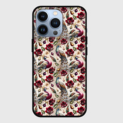 Чехол для iPhone 13 Pro Цветочный паттерн с павлинами, цвет: 3D-черный