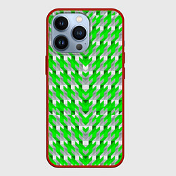 Чехол для iPhone 13 Pro Зелёно-белый паттерн, цвет: 3D-красный