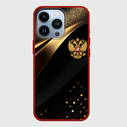 Чехол для iPhone 13 Pro Золотой герб России на черно-золотой текстуре, цвет: 3D-красный