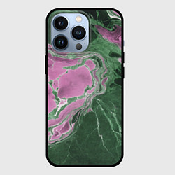 Чехол для iPhone 13 Pro Мрамор темно-зеленый с розовым, цвет: 3D-черный