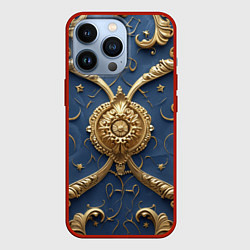 Чехол для iPhone 13 Pro Золотые узоры на синей ткани, цвет: 3D-красный