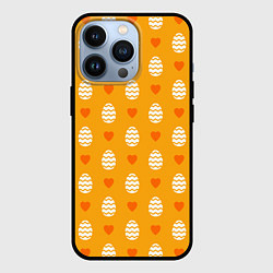 Чехол для iPhone 13 Pro Оранжевый паттерн с яйцами и сердечками, цвет: 3D-черный