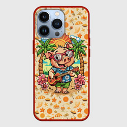 Чехол для iPhone 13 Pro Свинка с гитарой жаркое лето, цвет: 3D-красный