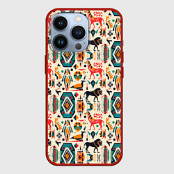 Чехол для iPhone 13 Pro Африканские узор лев и жираф, цвет: 3D-красный