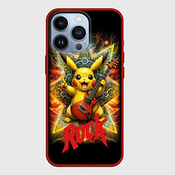 Чехол для iPhone 13 Pro Рок звезда Пикачу с электрогитарой, цвет: 3D-красный